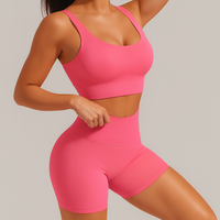 Damen Nahtloses Geripptes Yoga- & Pilates-Set – Fitness-Outfit mit Sport-BH & Leggings – Rosa