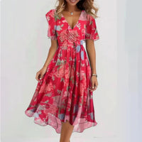 Chiffonkleid - V-Ausschnitt - Schmetterlingsärmel - Midikleid - Sommerkleid – Rosa