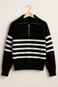 Christopher Strickpullover mit Reißverschluss und Streifen – Schwarz gestreift
