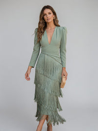 Odelina - Fließendes Fransenkleid – Grün