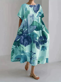 Sommerliches Damenkleid mit Blumenmuster - Locker geschnitten - Botanisches Design – Blau