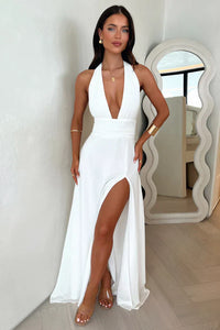 Elegantes Damen Maxikleid mit V-Ausschnitt – Weiß
