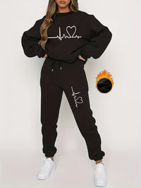 Bequemer Damen Jogginganzug für Herbst und Winter mit Rundhals-Pullover – Schwarz
