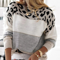 LUISA - GERIPPTER STRICKPULLOVER MIT LEOPARDENMUSTER – Grau