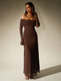 Alina - Damen Abendkleid mit Pailletten und transparenten Ärmeln – Braun