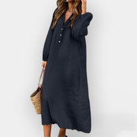 Bequemes V-Ausschnitt Damen Leinenkleid – Blau