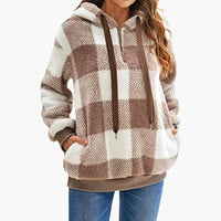 Damen Kapuzen pullover mit Karo-Muster Kängurutasche – Beige