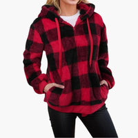 Damen Kapuzen pullover mit Karo-Muster Kängurutasche – Rot