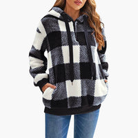Damen Kapuzen pullover mit Karo-Muster Kängurutasche – Schwarz