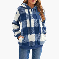 Damen Kapuzen pullover mit Karo-Muster Kängurutasche – Blau