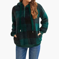 Damen Kapuzen pullover mit Karo-Muster Kängurutasche – Dunkelgrün