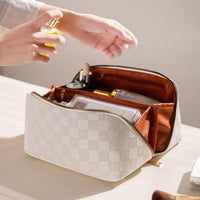 Damen-Reisekulturtasche, stilvolles Karomuster, strapazierfähiges Material – Creme