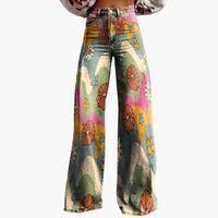 Damen Bedruckte Hose mit weitem Bein – Wellen & Blumen