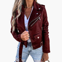 Damen Bikerjacke mit Reverskragen und Reißverschlusstaschen – Wein Rot
