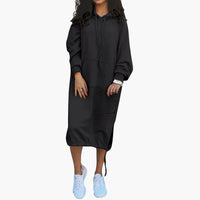 Damen Hoodie Kleid mit Kordelzugsaum und Kängurutasche – Schwarz