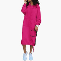 Damen Hoodie Kleid mit Kordelzugsaum und Kängurutasche – Dunkel Rosa