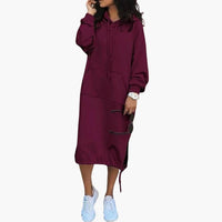 Damen Hoodie Kleid mit Kordelzugsaum und Kängurutasche – Wein Rot
