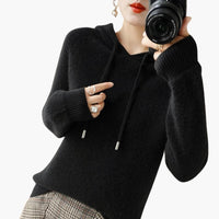 Damen Kapuzenpullover Strick mit Kapuze und langen Ärmeln – Schwarz