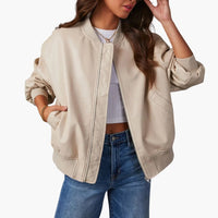 Damen Oversize Bomberjacke mit Reißverschluss und Rippdetails – Beige