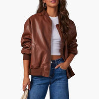 Damen Oversize Bomberjacke mit Reißverschluss und Rippdetails – Braun