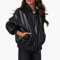 Damen Oversize Bomberjacke mit Reißverschluss und Rippdetails – Schwarz