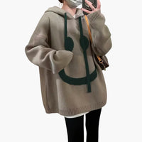 Damen Oversize Hoodie mit Smiley Print – Khaki