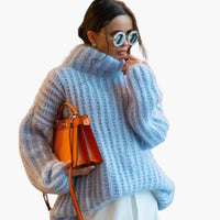 Damen Oversize Strickpullover mit Rollkragen – Blau