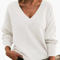 Damen Pullover mit V-Ausschnitt und langen Ärmeln – Weiß