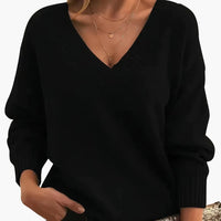 Damen Pullover mit V-Ausschnitt und langen Ärmeln – Schwarz