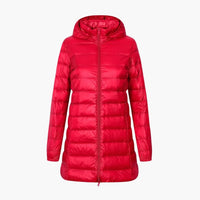 Damen Winter Daunenjacke mit Kapuze und langem Schnitt – Rot