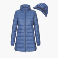 Damen Winter Daunenjacke mit Kapuze und langem Schnitt – Blau
