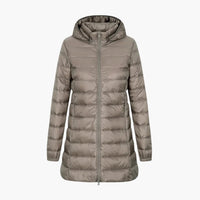 Damen Winter Daunenjacke mit Kapuze und langem Schnitt – Khaki