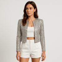 Damen Abendjacke Festlich Pailletten Strukturierter Blazer – Silber