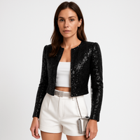 Damen Abendjacke Festlich Pailletten Strukturierter Blazer – Schwarz