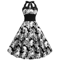 Damen Halloween Kleid | Rockabilly Kleid mit Totenkopf Print und Neckholder – Schwarz