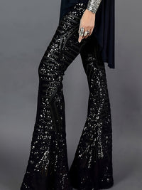 Damen Ausgestellte Paillettenhose Festlich Polyester Glänzend – Schwarz