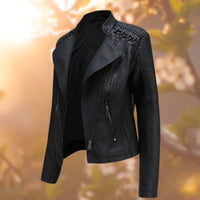 Damen Bikerjacke Kunstleder Tailliert mit Schulterdetail und Reißverschluss – Schwarz