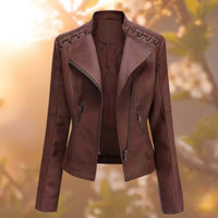 Damen Bikerjacke Kunstleder Tailliert mit Schulterdetail und Reißverschluss – Dunkelbraun