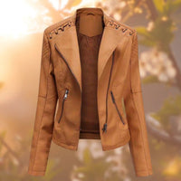 Damen Bikerjacke Kunstleder Tailliert mit Schulterdetail und Reißverschluss – Orange