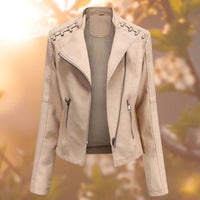 Damen Bikerjacke Kunstleder Tailliert mit Schulterdetail und Reißverschluss – Khaki