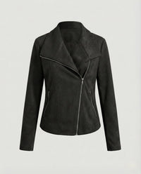 Damen Bikerjacke Kunstleder Wildlook mit Asymmetrischem Reißverschluss Tailliert – Schwarz