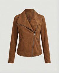 Damen Bikerjacke Kunstleder Wildlook mit Asymmetrischem Reißverschluss Tailliert – Camel