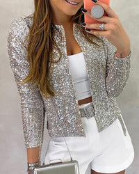 Damen Funkelnder Partyblazer Offenes Design Pailletten – Silber