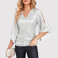 Damen Glamouröses Kurzarm-Oberteil Pailletten – Silber