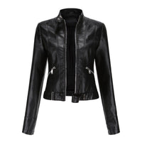 Damen Kurzgeschnittene Bikerjacke mit Reißverschluss Tailliert Urbaner Look – Schwarz