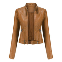 Damen Kurzgeschnittene Bikerjacke mit Reißverschluss Tailliert Urbaner Look – Hellbraun