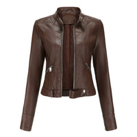 Damen Kurzgeschnittene Bikerjacke mit Reißverschluss Tailliert Urbaner Look – Braun