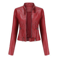 Damen Kurzgeschnittene Bikerjacke mit Reißverschluss Tailliert Urbaner Look – Rot
