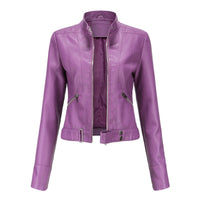 Damen Kurzgeschnittene Bikerjacke mit Reißverschluss Tailliert Urbaner Look – Dunkelviolett