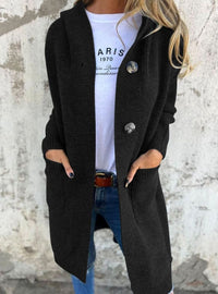 Damen Langer Strickmantel mit Kapuze und Knopfleiste Eleganter Cardigan für Herbst und Übergangszeit – Schwarz